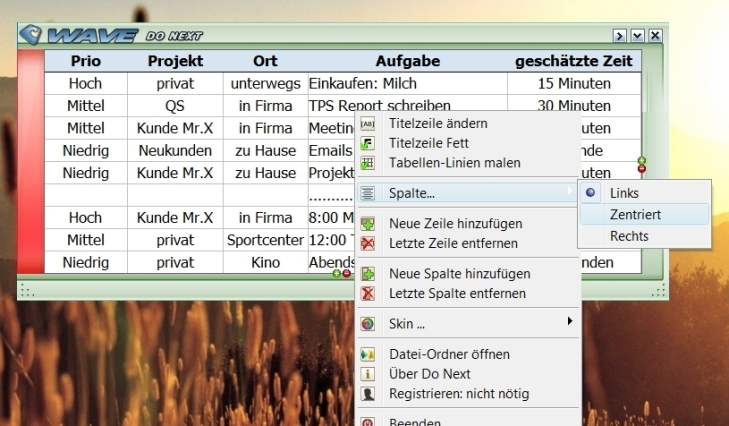 Bildschirmfoto DoNext Hier sieht man das Rechtsklick Menü mit allen Funktionen
